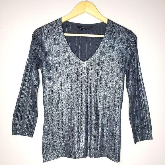 BCBG MaxAzria Small Silver Long Sleeve Metallic V-neck Sweater Top - Picture 1 of 9